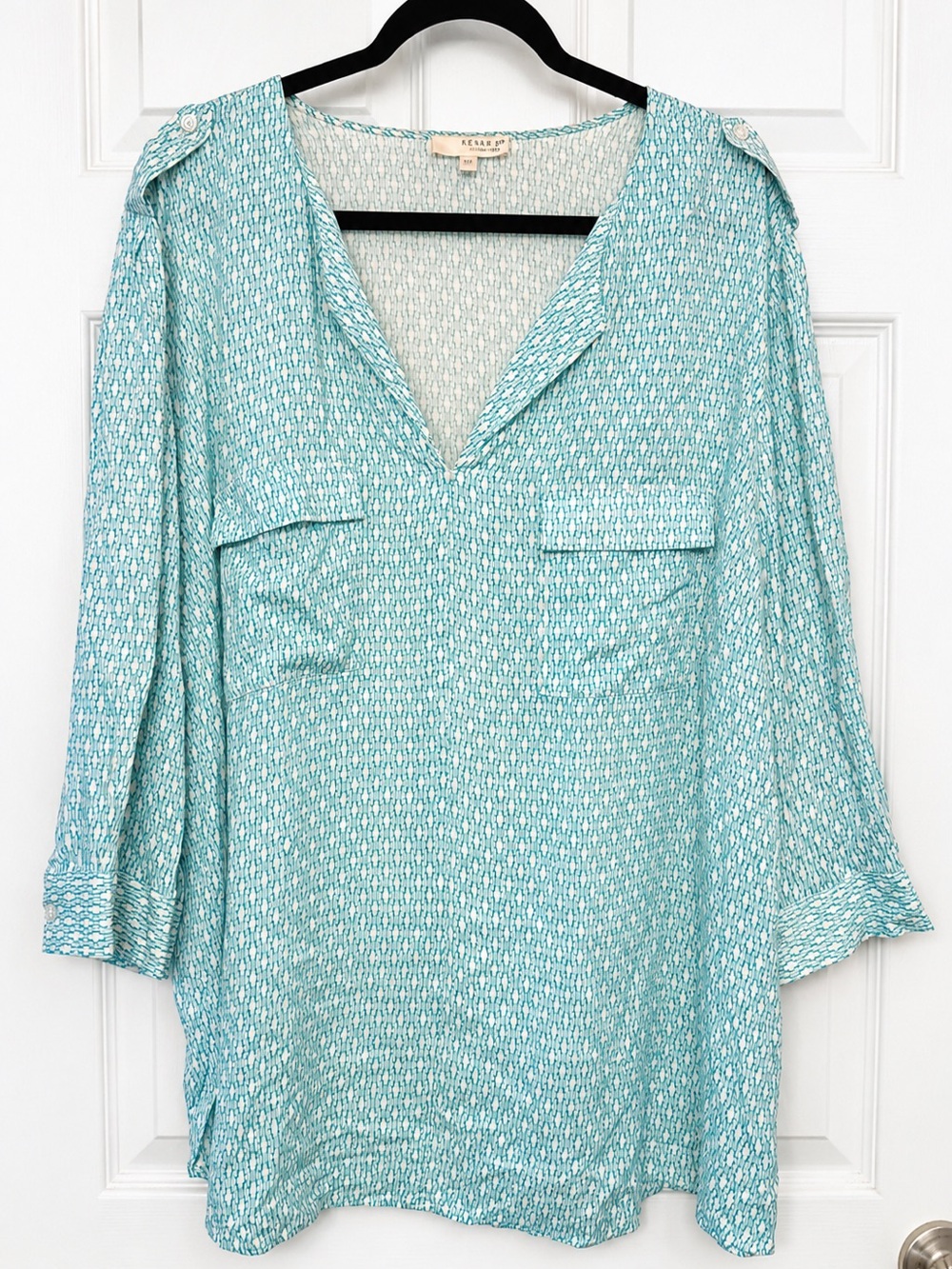 Kenar Woman 3X Plus Size Turquoise Geometric Print 100% Rayon Blouse
